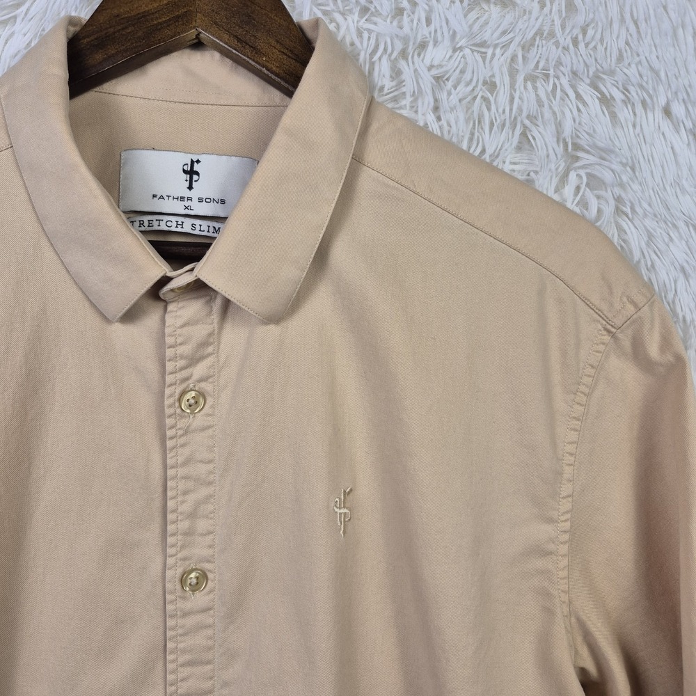 Father Sons Short Sleeve Khaki Tan Slim Fit Button Up Shirt Size XL - Picture 2 of 8